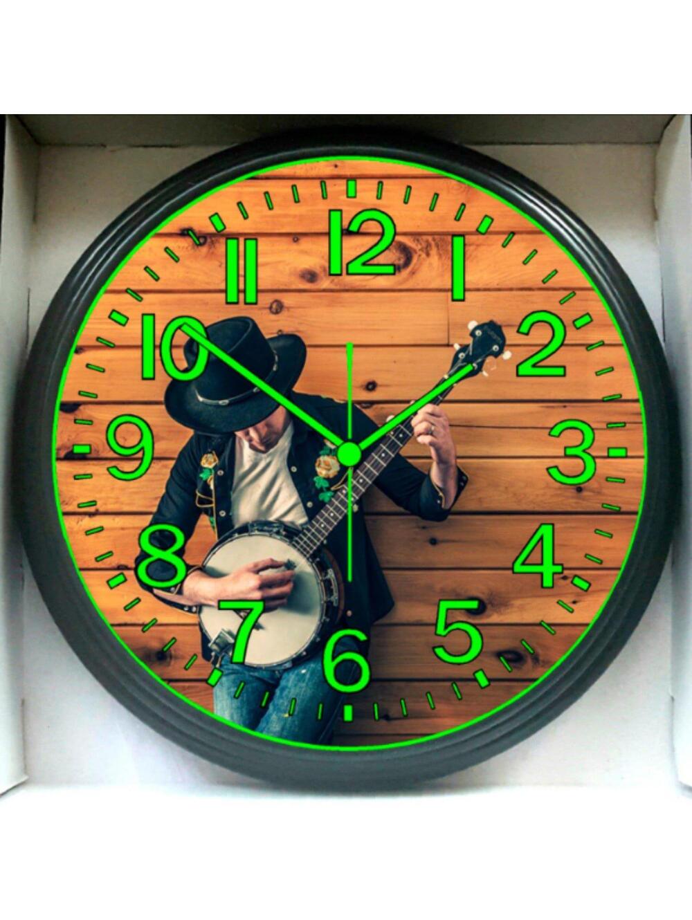 Country Acoustic Cowboy Music Studio Lounge Bar Glow In The Dark Wall Clock New!